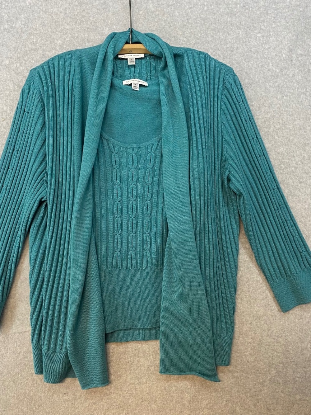 St. John Large Blue Ribbed Knit Two Piece Cardigan Shell • Wool Silk Cashmere